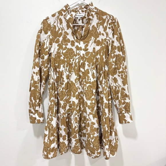 En Saison Brown White Floral Print Babydoll Long Sleeve Short Mini Dress Ruffles - Picture 2 of 13